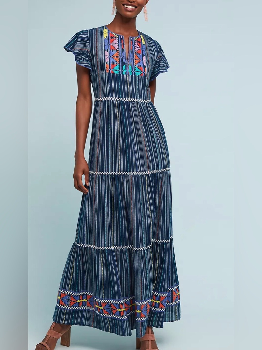 LAIA Anthropologie Embroidered Striped Tiered Maxi Dress M Petite